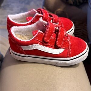 Vans Kids Red Canvas Velcro Sneakers with White Side Stripe